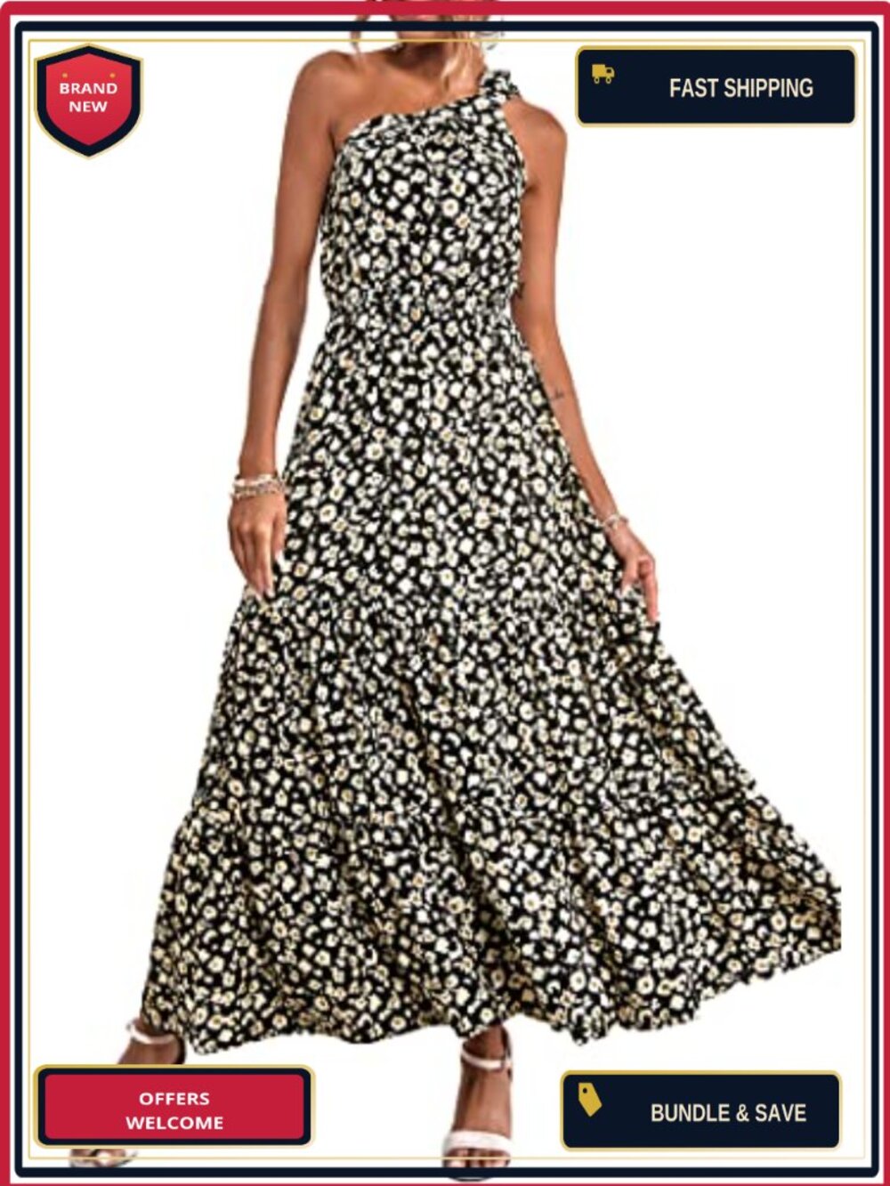Women's One Shoulder Boho Floral Maxi Dress Sleeveless Tiered A-Line Flowly